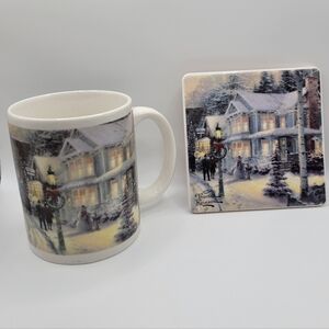 Vintage Thomas Kinkade 2007 Christmas Celebration Ceramic Mug & Coaster